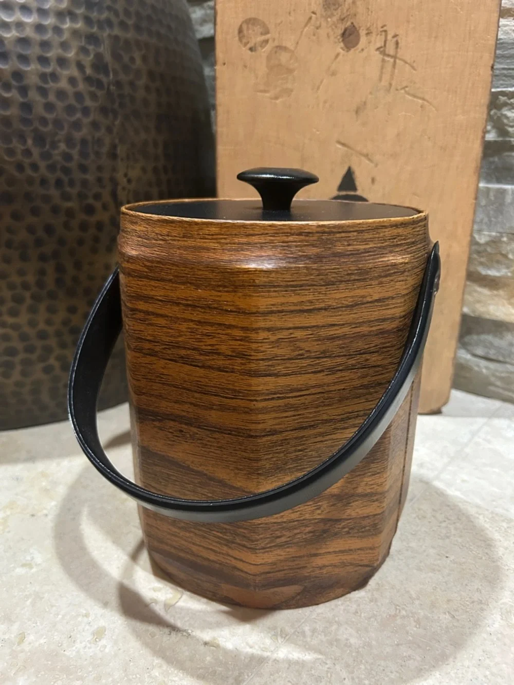 Vintage Faux Wood Grain Octagon Shaped Ice Bucket